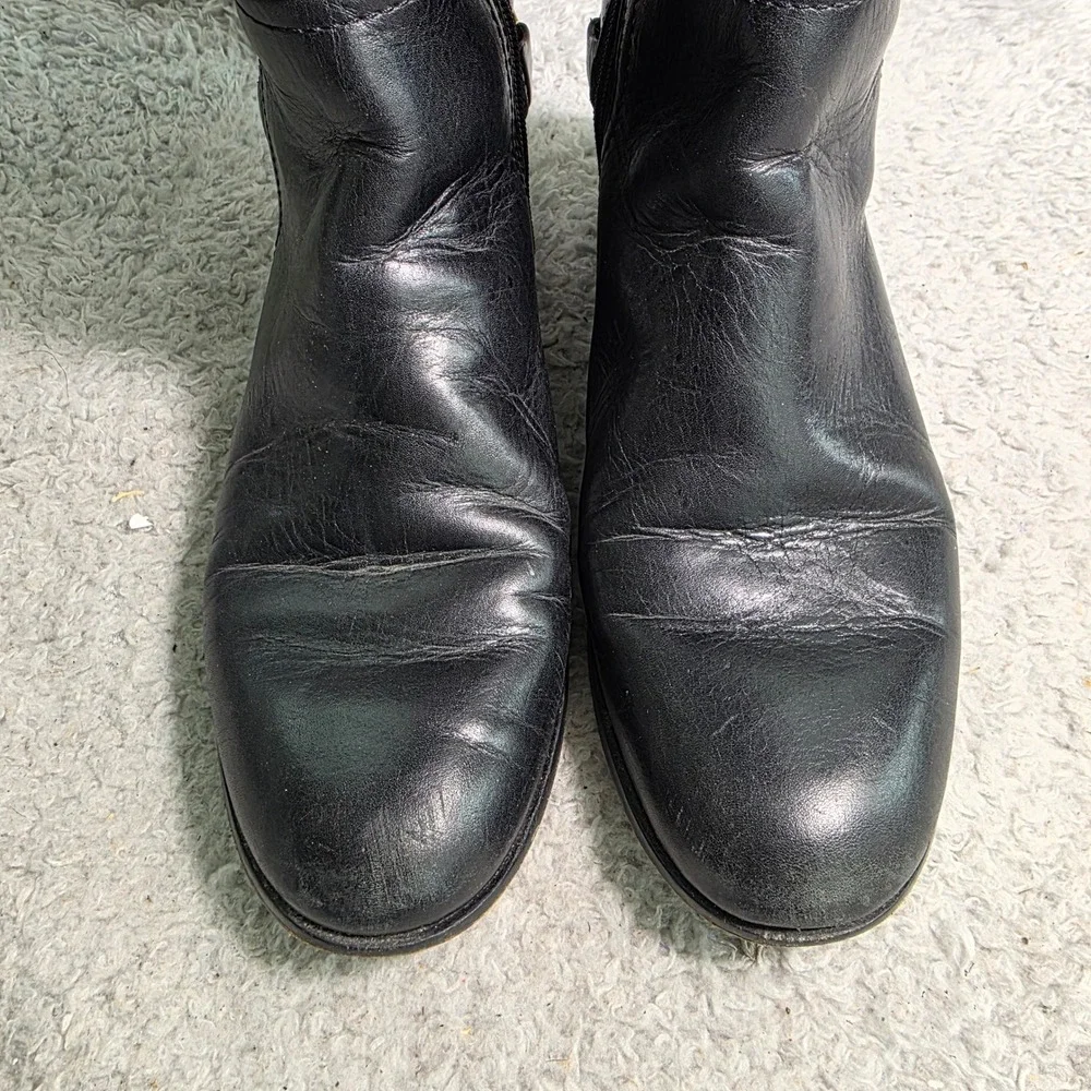 Tory Burch Riding Boots Black Leather Gold Stirrup Logo Heel Hardware Women 8.5